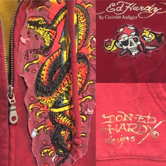 Ed hardy red & gold rhinestone fluffy hoodie - Picture 5 of 8